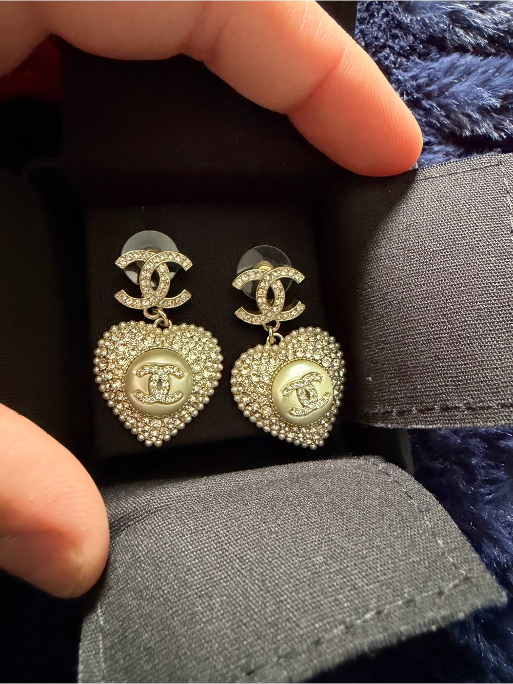 CHANEL Gold Heart CC Drop Earrings with Crystal Pavé
